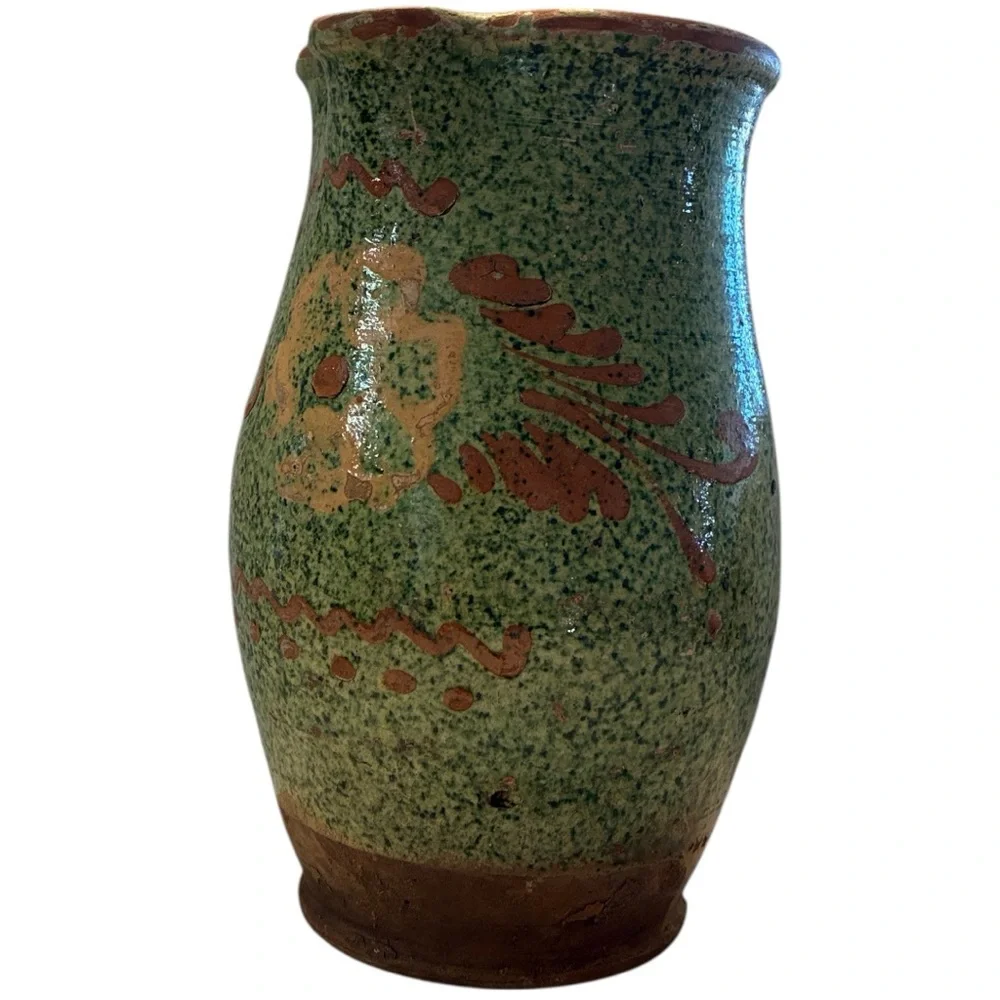 Italian ceramic pitcher rustic or folk art style, speckled green glaze Red Clay